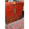 Image 1 : CHINESE ELABORATELY DECORATED RED & GOLD CABINET (37.5" W X 22 1/4" D X 38 1/2" H)
