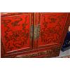 Image 2 : CHINESE ELABORATELY DECORATED RED & GOLD CABINET (37.5" W X 22 1/4" D X 38 1/2" H)