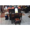 Image 2 : CHINESE HARDWOOD & BURL VANITY W/3 DRAWERS, FLIP TOP SIDES W/REMOVABLE TRAYS, FOLD DOWN MIRROR & MAT