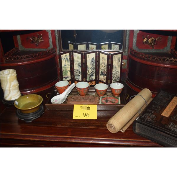 MIXED LOT: CHINESE TEACUPS, SOUP SPOONS, TABLE SCREEN, BRUSH HOLDER, DISH ON STAND, SCROLL, BOX & TR