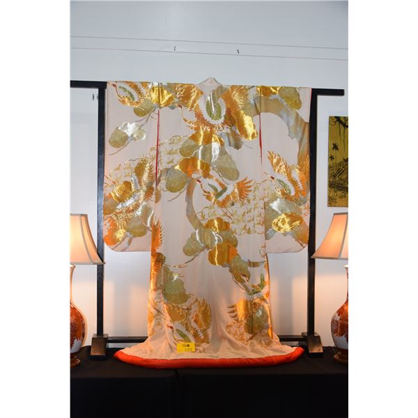 WEDDING KIMONO W/GOLD THREAD LONG LIFE CRANES & PINE (MATSU) W/WOODEN DISPLAY STAND