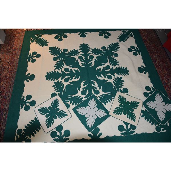 GREEN & WHITE KING SIZE "HAWAIIAN ULU" QUILT W/PILLOW COVERS (5 PCS) (DOES NOT INCLUDE PILLOW FORMS)