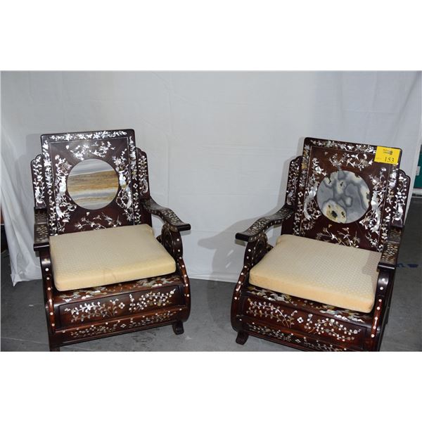 CHINESE ROSEWOOD INLAID MOTHER OF PEARL ARMCHAIRS, THE BACKS W/ROUND STORY MARBLE INSETS, MOTHER OF 