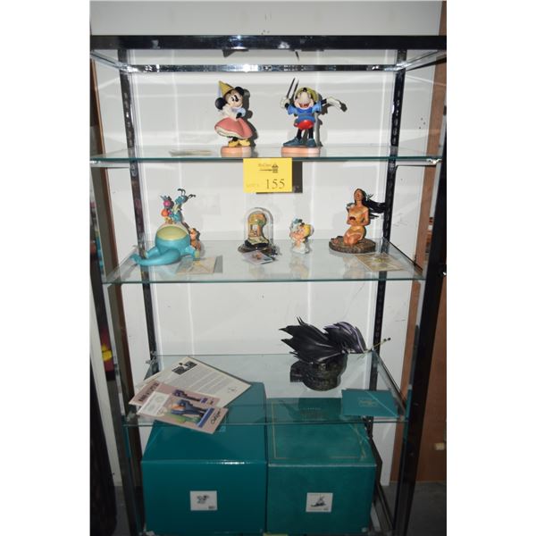 COLLECTION OF DISNEY CLASSIC'S PORCELAIN FIGURES, ORNAMENT, PIN & HUMMEL IN GLASS DOME W/FOUR BOXES 