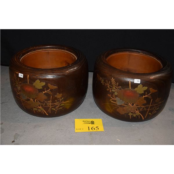 KIRI WOOD COPPER LINED HIBACHI W/GILT LACQUER WORK, MEIJI PERIOD (11" D X 8" H) (PAIR)