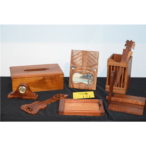 COLLECTION OF KOA, KAMANI & OHAI WOOD NAPKIN HOLDER, KLEENEX BOX, TIKI FRAME, UKULELE KEY HOLDER, UT