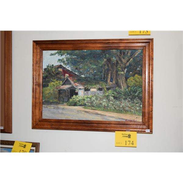 KOA FRAMED OIL ON CANVAS, "BACK ROAD BANYAN WAIMANALO"; SIGNED KIYOKO SULK (14" X 20")