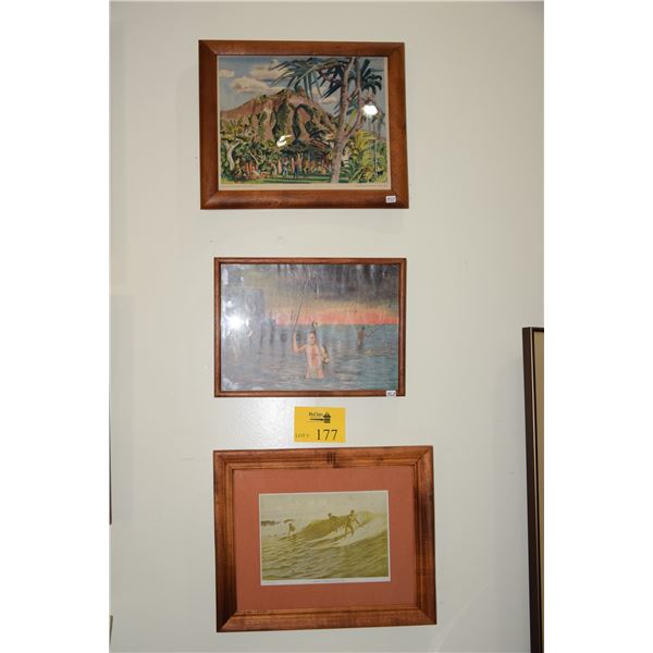 KOA FRAMED PRINTS, "SURFERS", "KAPIOLANI PARK" & "FISHERMEN") (2 @ 13" X 16" & 10" X 14") (3 PCS)