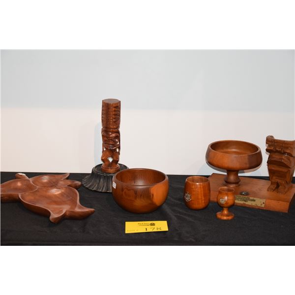 COLLECTION OF VINTAGE TIKI TROPHIES, WOOD BOWL, LEAF DISH, KOA CUP & GOBLET (6 PCS)