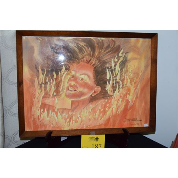 KOA FRAMED WATERCOLOR, "MADAM PELE" HAWAII'S GODDESS OF FIRE; SIGNED PIMENTAL '83 (16" X 22")