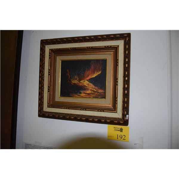 FRAMED OIL ON CANVAS BOARD, "VOLCANO"; SIGNED
