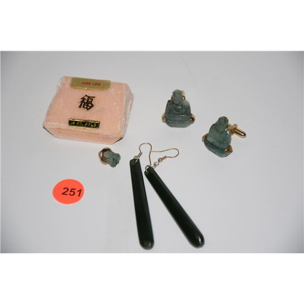 14K "GOOD LUCK" CHINESE CHARACTER TIE TAC, "BUDDHA" TIE TAC & CUFF LINKS & NEW ZEALAND JADE EARRINGS