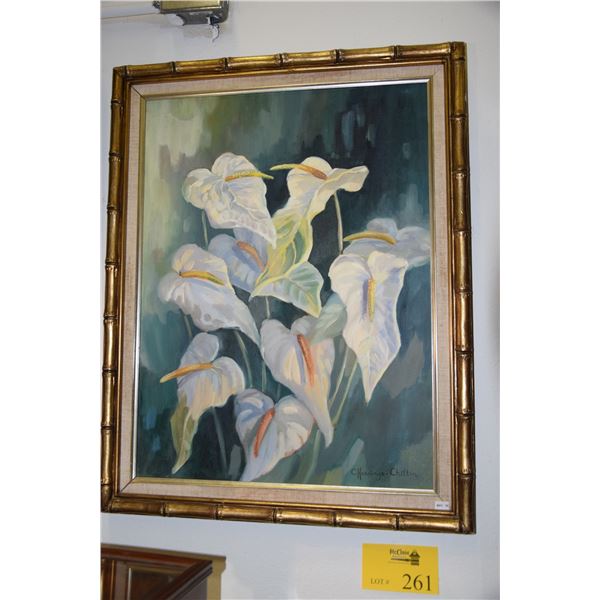 FRAMED OIL ON CANVAS, "WHITE FLOWERS"; SIGNED C. HENNINGS-CHILTON (18" X 24")