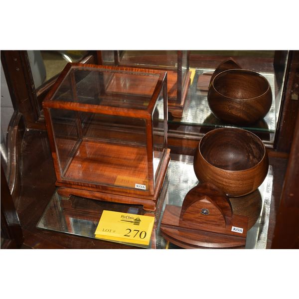 KOA GLASS DISPLAY CASE (1 CRACK), KOA LETTER HOLDER & HOUSE OF KOA BOWL; SIGNED (3 PCS)