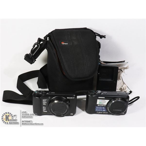 TWO SONY CYBERSHOT CAMERAS AND CARRY BAG