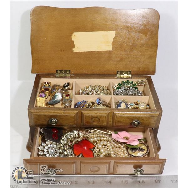 VINTAGE JEWELRY IN OLD WOODEN BOX