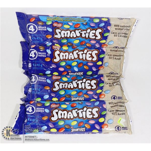 FOUR BAGS WITH 4 BOXES OF SMARTIES CHOCOLATES