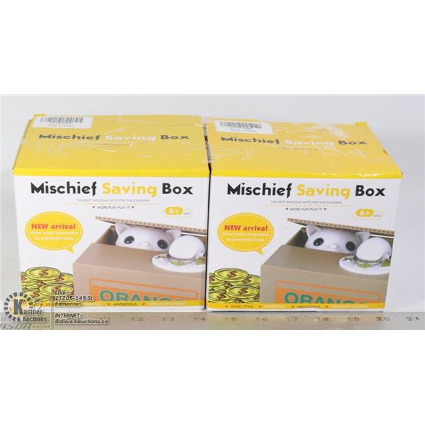 TWO BOXES OF MISCHIEF SAVING BOX COIN BANKS