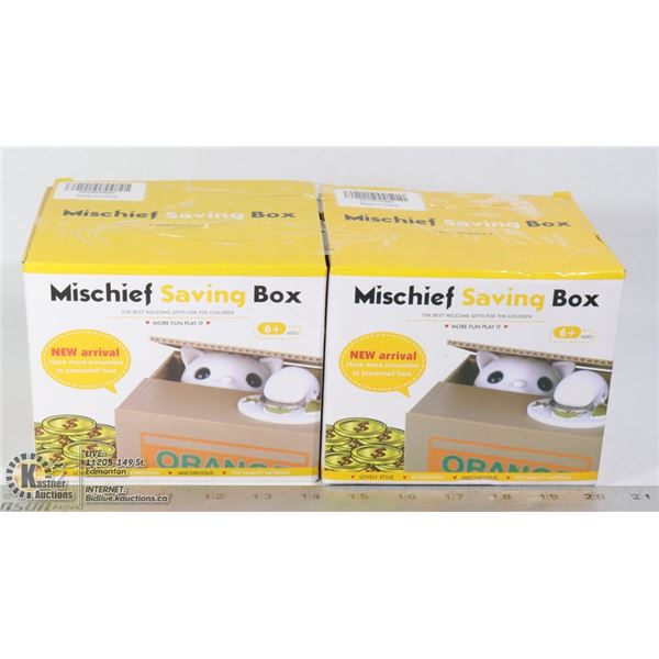 TWO BOXES OF MISCHIEF SAVING BOX COIN BANKS