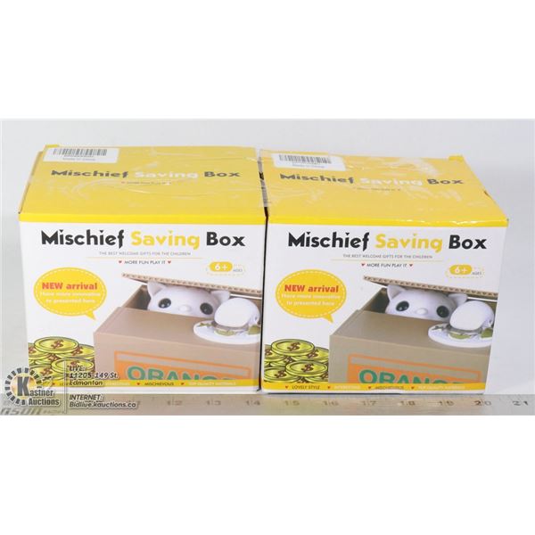 TWO BOXES OF MISCHIEF SAVING BOX COIN BANKS