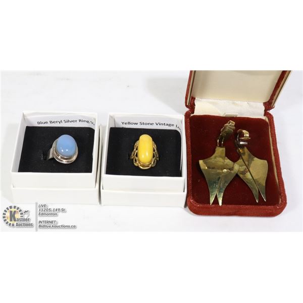 BLUE BERYL SILVER RING 925, YELLOW STONE VINTAGE