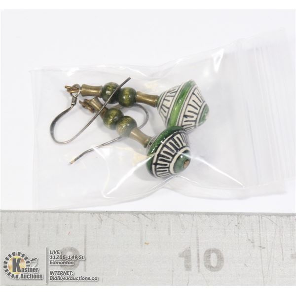 VINTAGE HAND PAINTED DROP EARRINGS  OLIVE GREEN