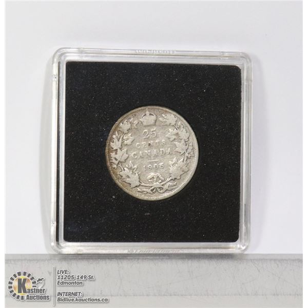 1905 SEMI KEY EDWARDIAN SILVER 25 CENT