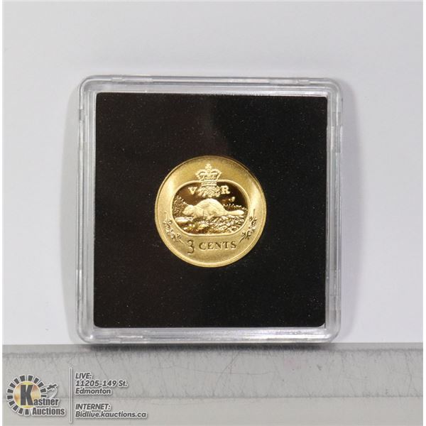 2001 GOLD PLATED PROOF SILVER 3 CENT BEAVER COIN