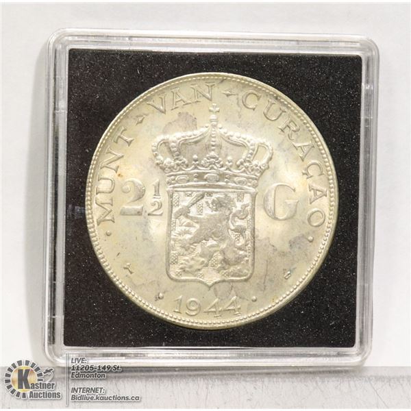 CURACAO 1944 SILVER 2.5 GUILDER COIN. DENVER MINT