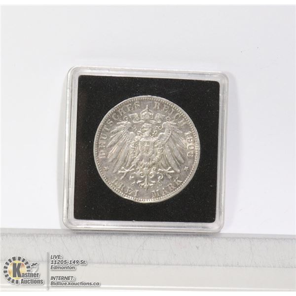 GERMAN PRUSSIA SILVER 3 MARK COIN 1908