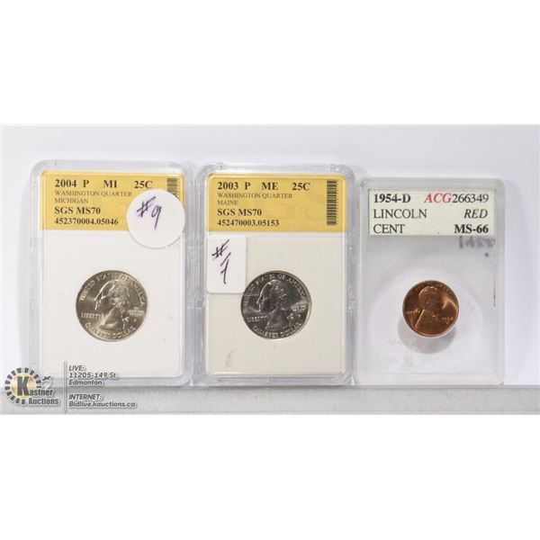 LOT OF 3 MIXED USA COINS IN SLAB HOLDERS