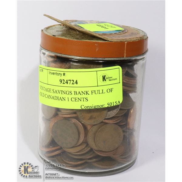 VINTAGE SAVINGS BANK FULL OF OLD CANADIAN 1 CENTS