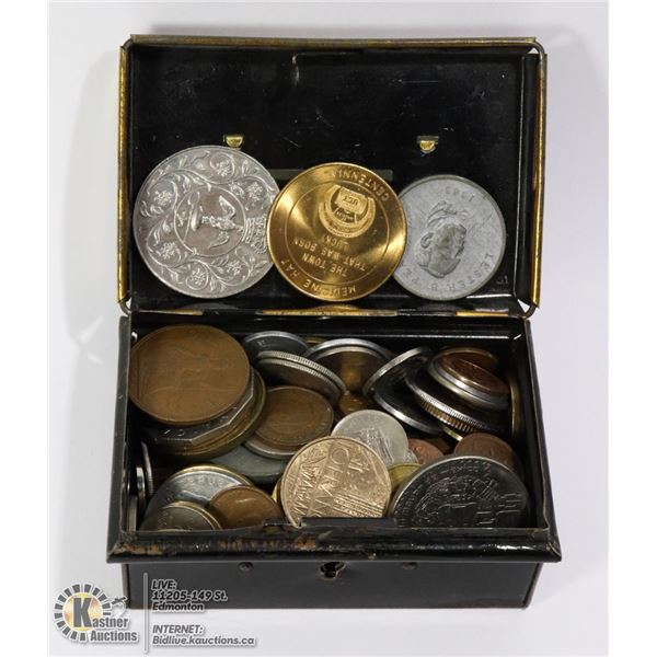 MIXED COIN COLLECTION IN VINTAGE LOCK BANK
