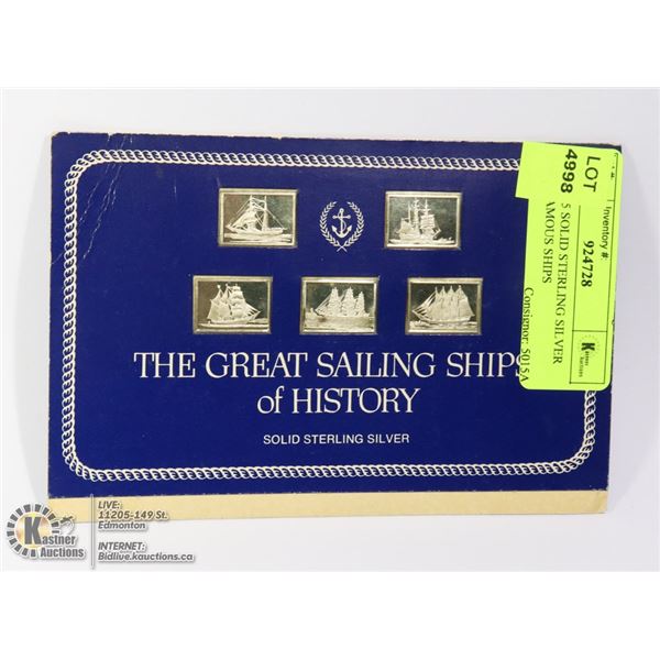 LOT OF 5 SOLID STERLING SILVER BARS FAMOUS SHIPS