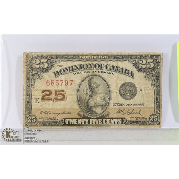 1923 DOMINION OF CANADA 25 CENTS NOTE