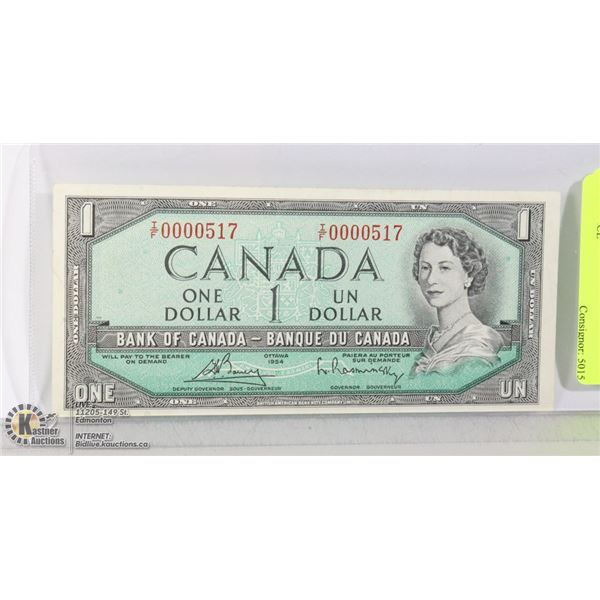 1954 LOW SERIAL # 0000517 CANADA $1 SCARCE