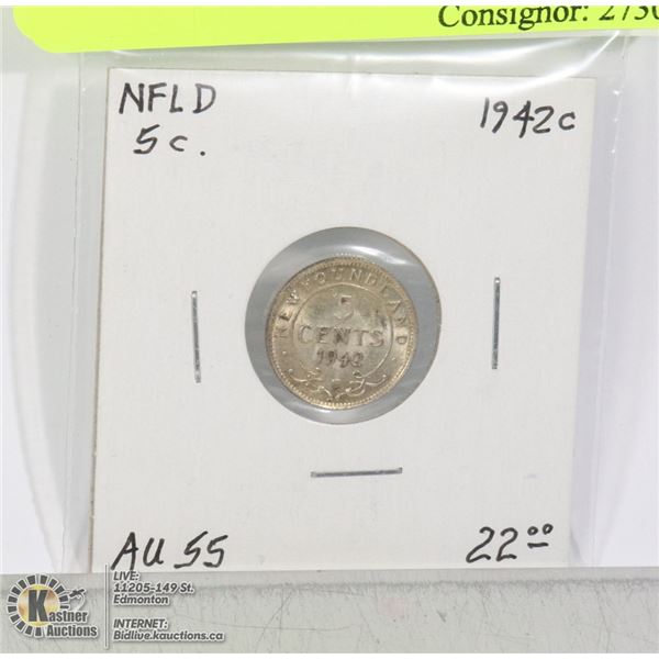 1942 C NEWFOUNDLAND 5 CENT SILVER COIN
