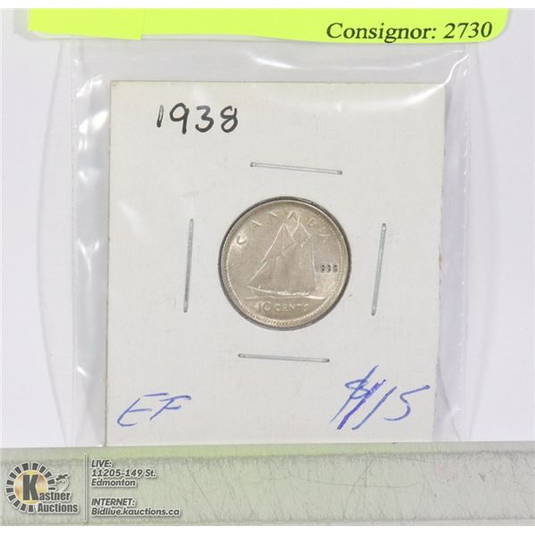 1938 CANADIAN 10 CENT SILVER COIN- EF