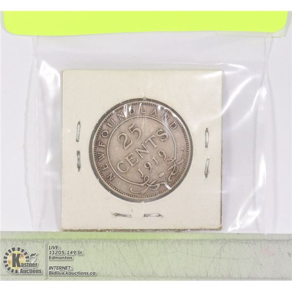 1919 NEWFOUNDLAND SILVER 25 CENT COIN