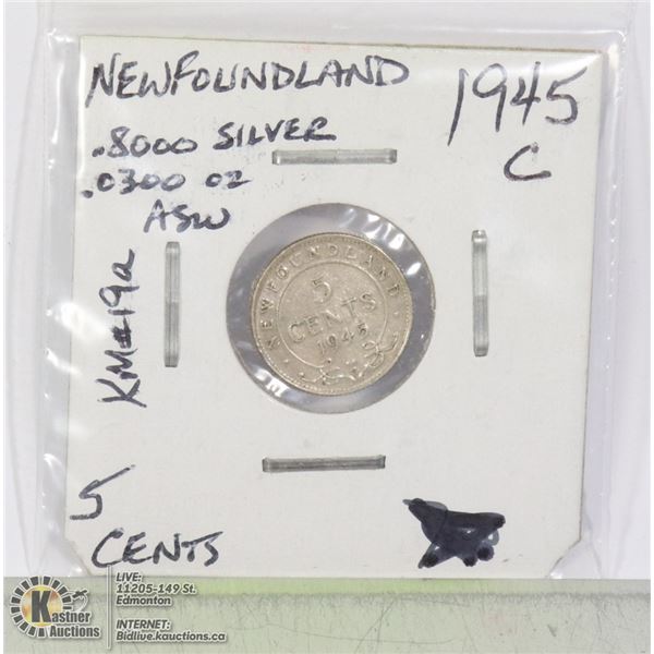 1945 C NEWFOUNDLAND 5 CENT SILVER COIN- KM-19