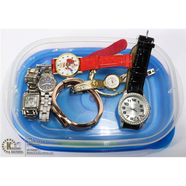 CONTAINER OF WATCHES - 7 WATCHES OF VARIOUS STYLES