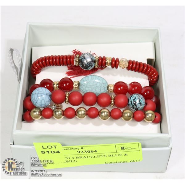 BOX WITH 4 BRACELETS BLUE & RED STONES