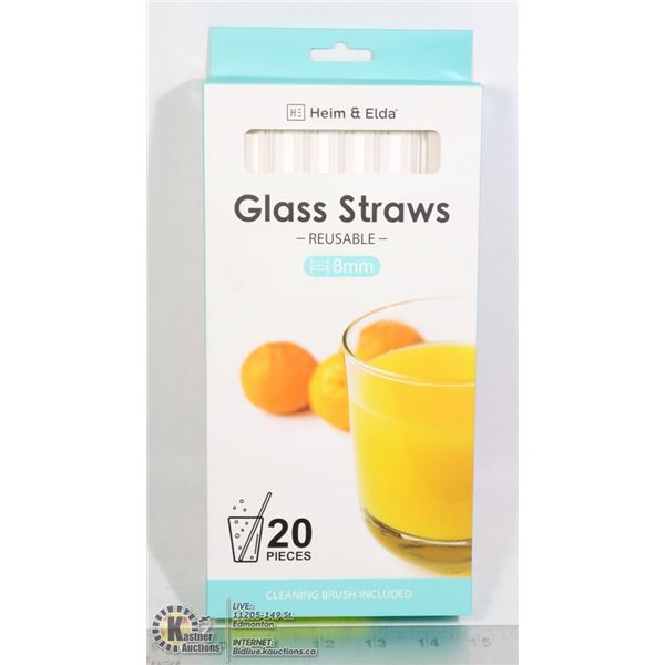NEW 20PC REUSABLE GLASS STRAWS SET WITH CLEANING