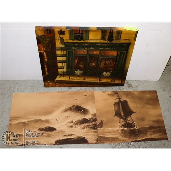 THREE VINTAGE PAINTINGS. #1 OCEAN PRINT, #2 OCEAN