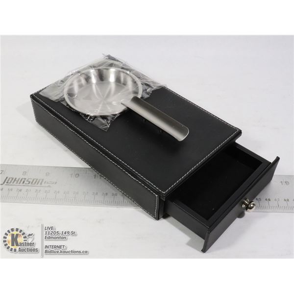 ASH-YH-226 BLACK LEATHER ASHTRAY WITH DRAWER