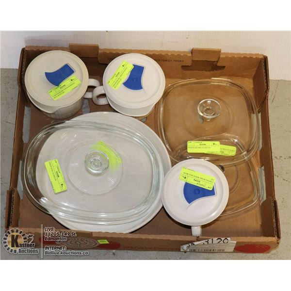 LARGE FLAT OF KITCHEN ITEMS INCLUDING CORNINGWARE