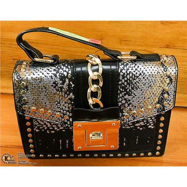 DESIGNER HANDBAG WITH GOLD TONE EMBELLISHMENTS