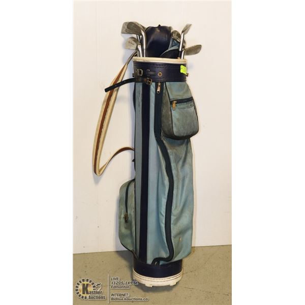 VINTAGE GOLF BAG WITH 9 ASSORTED CLUBS