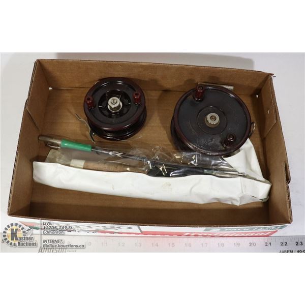 2 SALMON REELS WITH A FISHING ROD