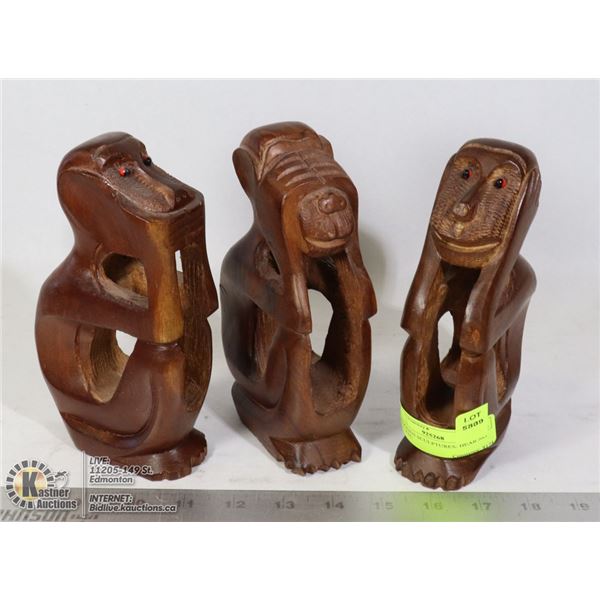 3 WOODEN SCULPTURES: HEAR NO EVIL ETC